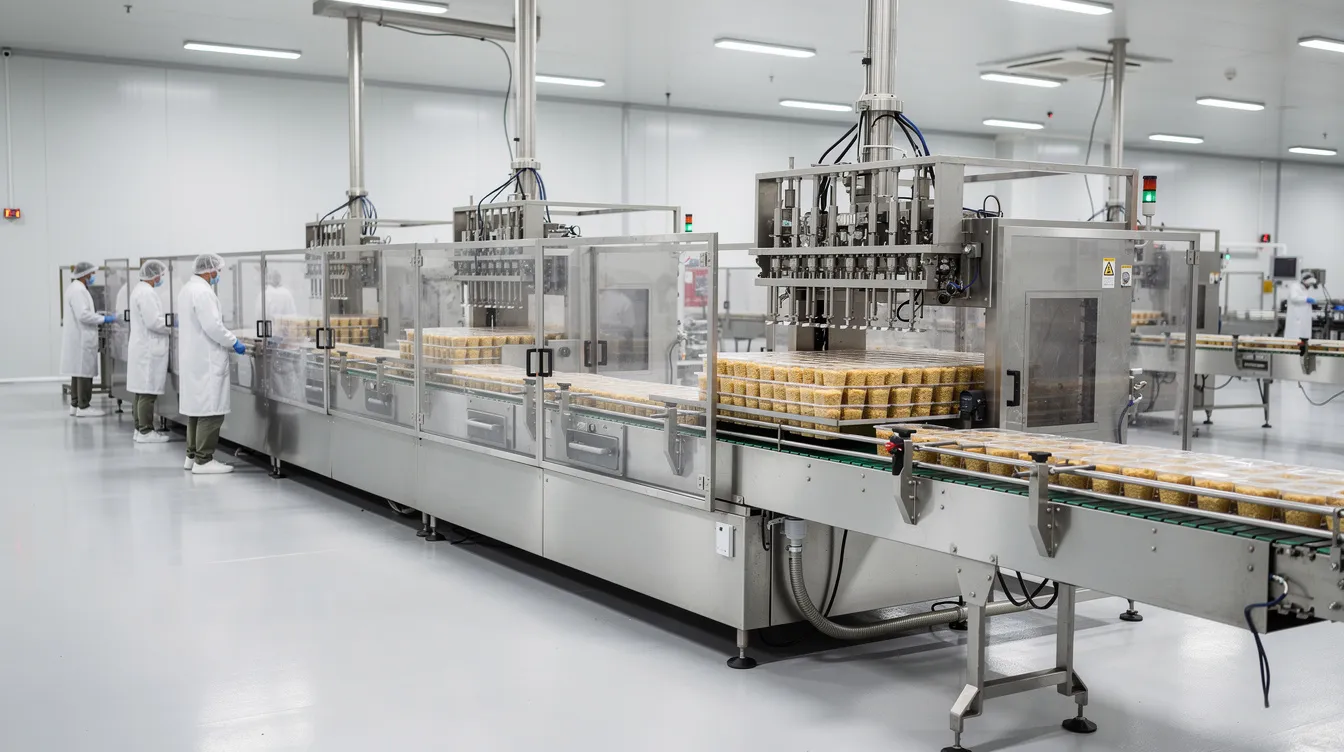 2d4c31f6 cf25 412d 8ef6 2fda03a3d54c The image depicts a modern food processing production line featuring stainless steel conveyors and automated filling equipment in a clean factory environment, designed for the efficient manufacturing of nutritious snacks like instant poha mix. This setup highlights the advanced processes involved in creating quick and tasty meals, showcasing the commitment to quality and hygiene in food production.