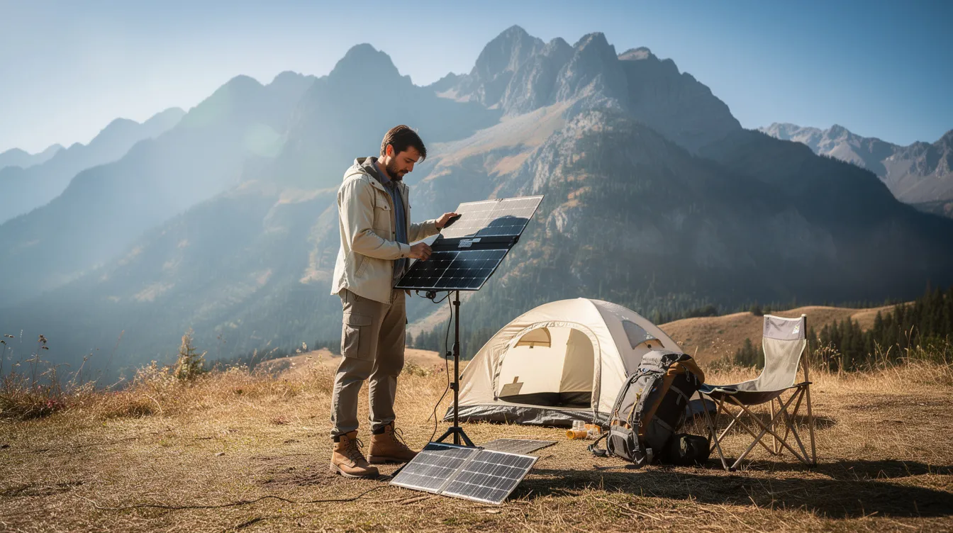 A person is setting up portable solar panels at a sunny campsite, surrounded by majestic mountains in the background. This setup highlights the use of solar energy for off-grid power solutions, ideal for charging lithium ion batteries and providing reliable energy for outdoor activities.