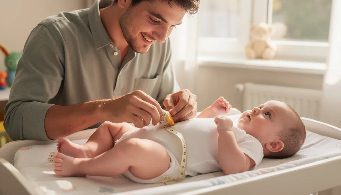 Un padre está midiendo a su bebé con una cinta métrica flexible mientras el pequeño está acostado. La escena refleja la atención y el cuidado que se necesita al elegir la talla adecuada para la ropa infantil.