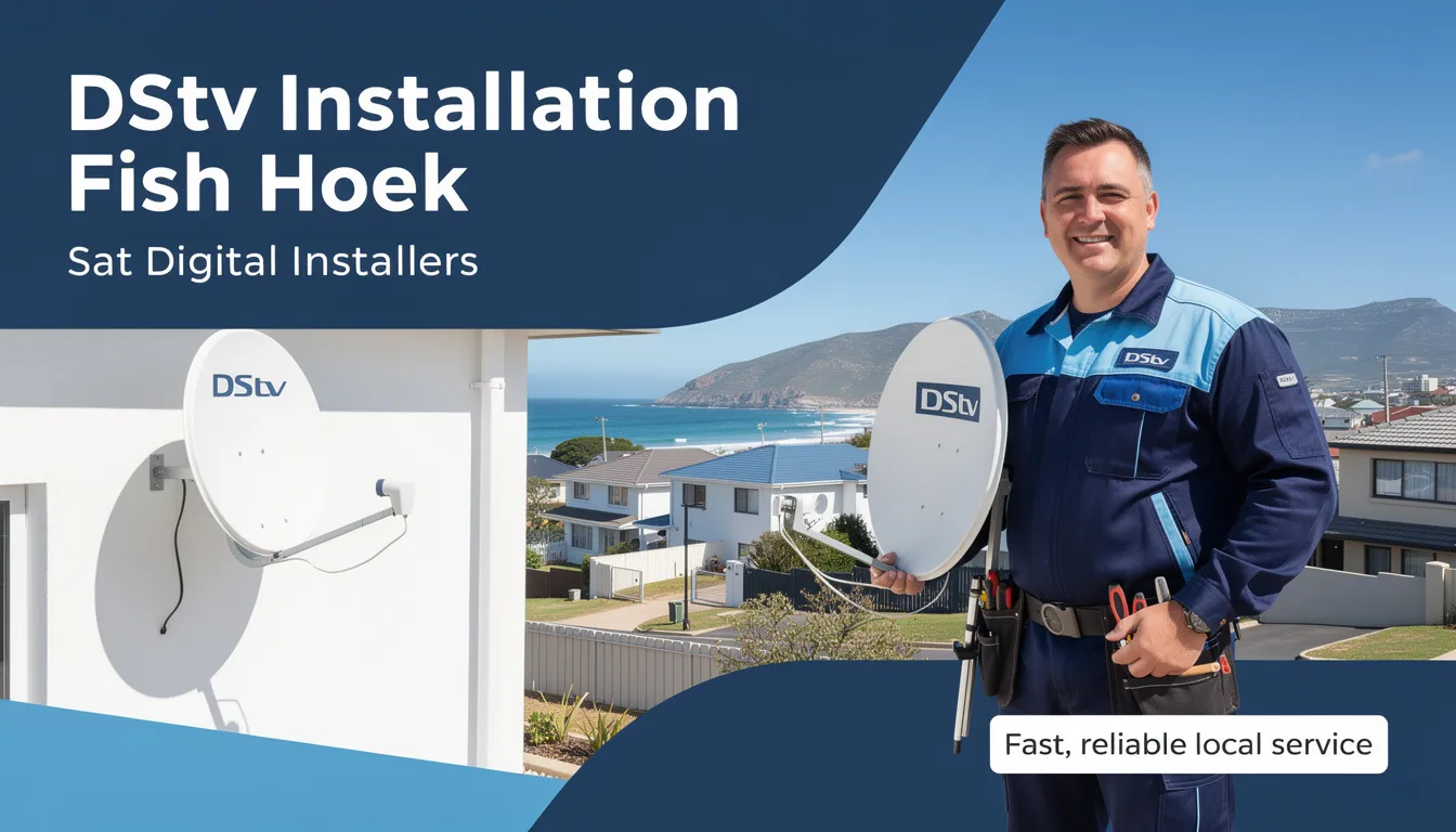 The image depicts a professional DStv installer in Fish Hoek, working on a satellite dish installation. The technician is adjusting the dish to ensure optimal signal quality for DStv services, showcasing their expertise in providing quality installation and repair services for residential and commercial needs.