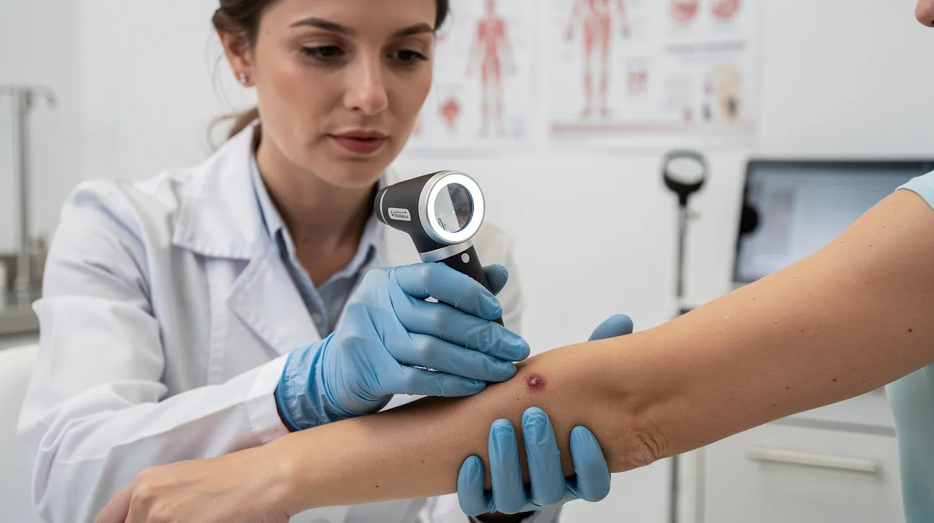 A dermatologist is examining a patient's skin with a magnifying dermatoscope in a clinical setting, focusing on a suspicious mole to assess its characteristics and determine if any mole removal procedures are necessary. The setting emphasizes the importance of early detection and maintaining healthy skin.