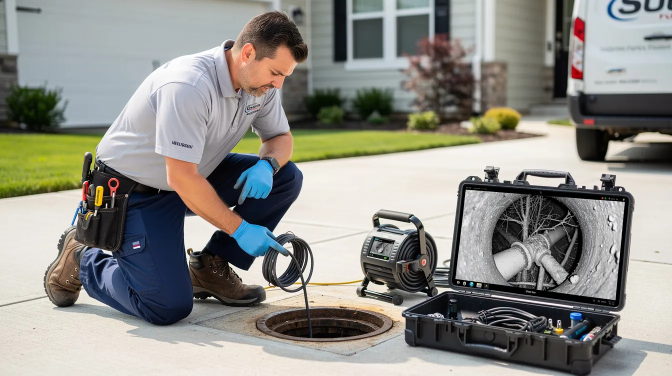 A plumbing technician is intently reviewing sewer camera footage on a portable monitor at a residential property, utilizing advanced technology to conduct a thorough sewer camera inspection. This video inspection helps identify potential issues within the sewer line and provides clear explanations for necessary repairs.