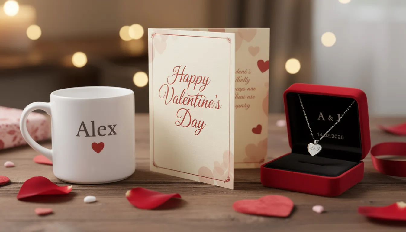 The image showcases a selection of personalized Valentine's Day gifts, including custom mugs, heart-shaped jewellery, and beautifully crafted cards with heartfelt messages. Each item is designed to reflect the unique connection with a loved one, making it a perfect gift for this special day.