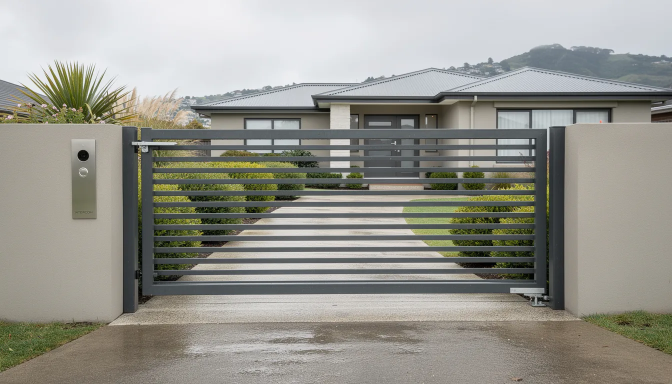 The image depicts a contemporary aluminium slat gate with an intercom panel installed at the entrance of a suburban home in Wellington, New Zealand. This stylish security gate enhances the property's curb appeal while providing a reliable automated access solution for residential properties.