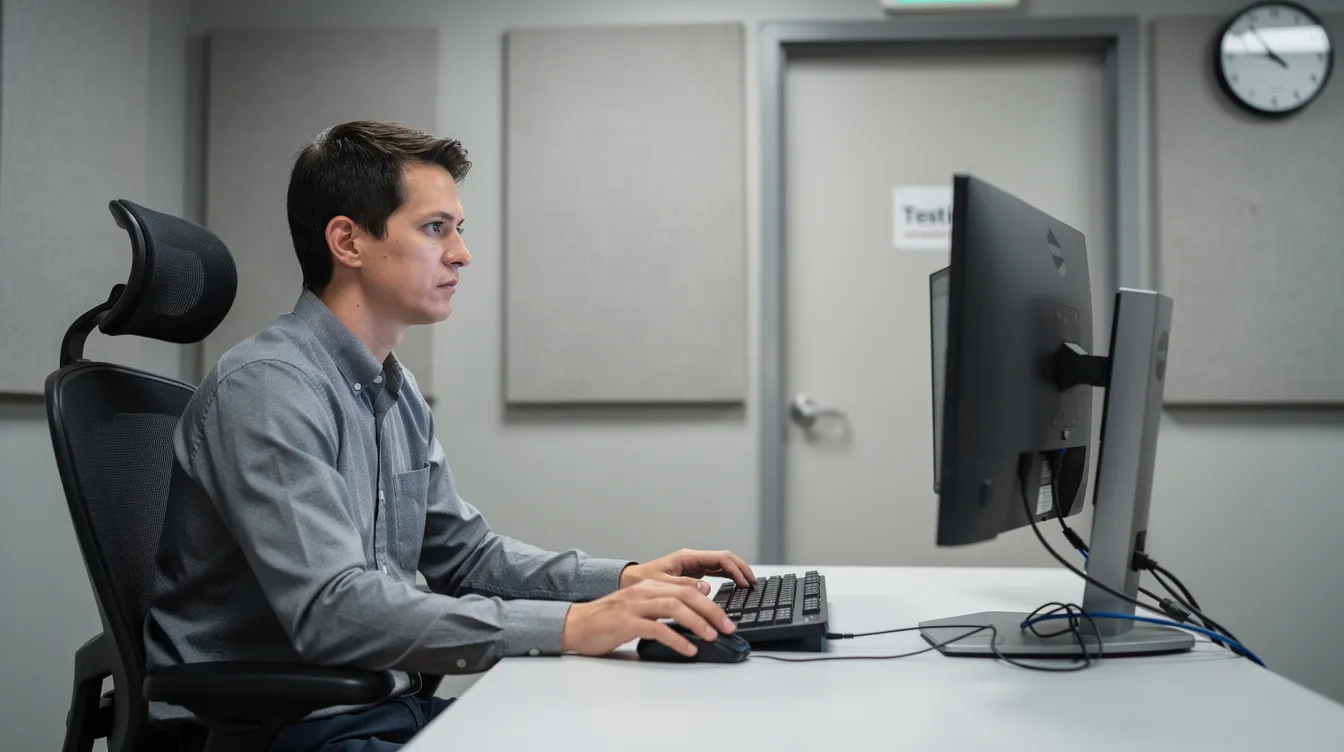 The image shows a person sitting at a computer workstation in a quiet professional testing room, likely preparing to take the pharmacy technician certification exam. The setting emphasizes a focused environment, ideal for candidates aiming to achieve their PTCB certification.