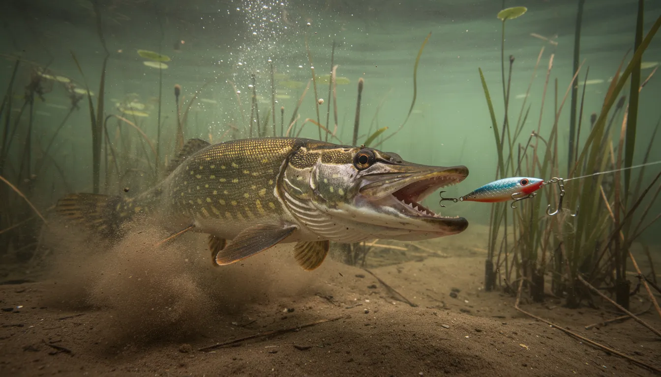 Na obrazie widoczny jest szczupak atakujący przynętę w naturalnym środowisku, wśród trzcinowisk. Woda jest przejrzysta, a w tle widać roślinność, co tworzy idealne warunki do skutecznego połowu tej pożądanej ryby.