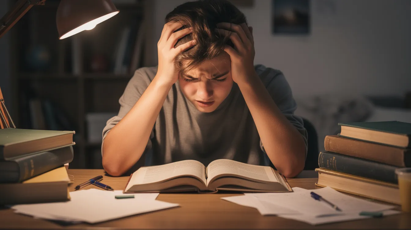 Eine jugendliche Person sitzt an einem Schreibtisch, hat sich gestresst den Kopf gehalten und blickt auf ein aufgeschlagenes Buch. Diese Szene könnte die Auswirkungen des Konsums von Energy Drinks und deren Koffeingehalt auf das Herz-Kreislaufsystem widerspiegeln.