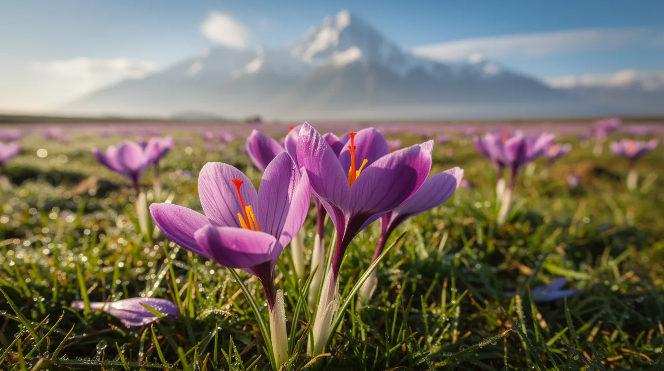 2d566629 5d2a 40eb a0c0 932b930ffa1c The image depicts vibrant purple saffron flowers blooming in a lush green field, with majestic snow-capped mountains rising in the background. This scene highlights the natural beauty of Kashmir, which is not only known for its stunning landscapes but also presents numerous business opportunities in saffron cultivation and agro-based industries.