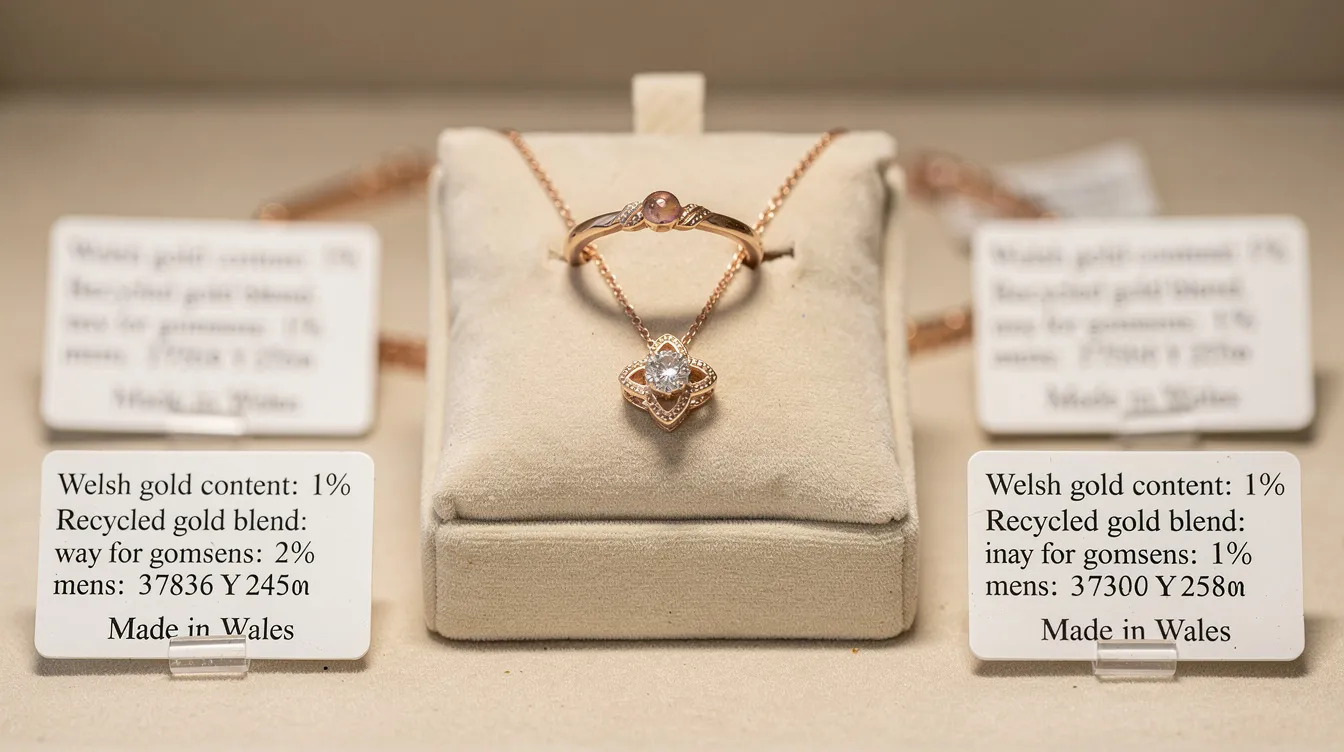 The image showcases a collection of exquisite Welsh gold jewellery, including a beautiful gold ring and a pair of elegant earrings, all crafted from pure Welsh gold and sterling silver. Each piece reflects a blend of luxury and quality, highlighting the craftsmanship that has made these items cherished by the royal family and jewellery enthusiasts alike.