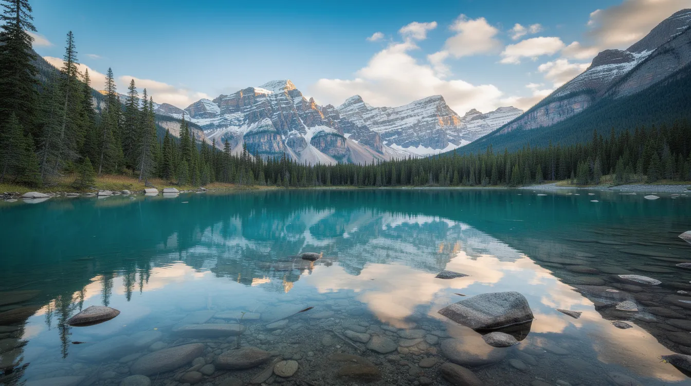 The image showcases a breathtaking Canadian landscape featuring majestic mountains surrounding a serene lake, which beautifully reflects the clear blue sky above. This picturesque scene captures the essence of Canada's natural beauty.