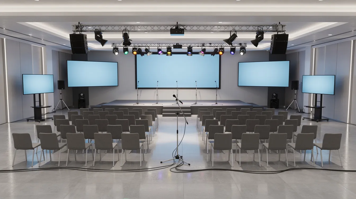 The image depicts a modern conference room equipped with professional audio-visual (AV) technology, including large screens, stage lighting, and microphone stands, ideal for hosting corporate events or community gatherings. This technical setup ensures that at least one speaker can effectively engage with the audience during their presentation, while also accommodating the needs of other speakers.