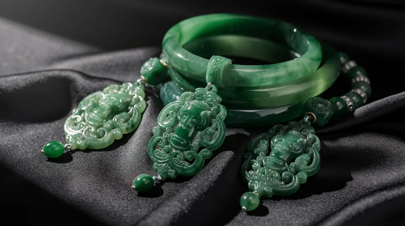 A collection of polished green jade bangles and intricately carved jade pendants is elegantly arranged on a dark silk fabric, showcasing the beauty of these semi precious stones. The vibrant green colors of the jade contrast beautifully with the rich texture of the fabric, highlighting the exquisite craftsmanship of these natural gemstones.