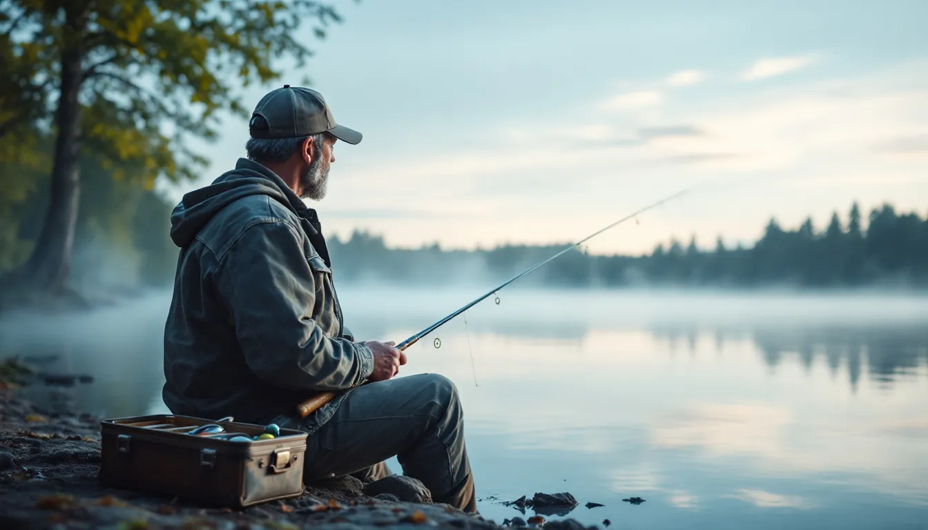 A serene scene of a dad fishing from the edge of a tranquil lake at dawn, with fishing gear and a tackle box beside him, surrounded by mist and trees, capturing the essence of outdoor adventures and the great outdoors. This peaceful moment reflects the joy of nature and the perfect father's day gift idea for an outdoorsy dad.