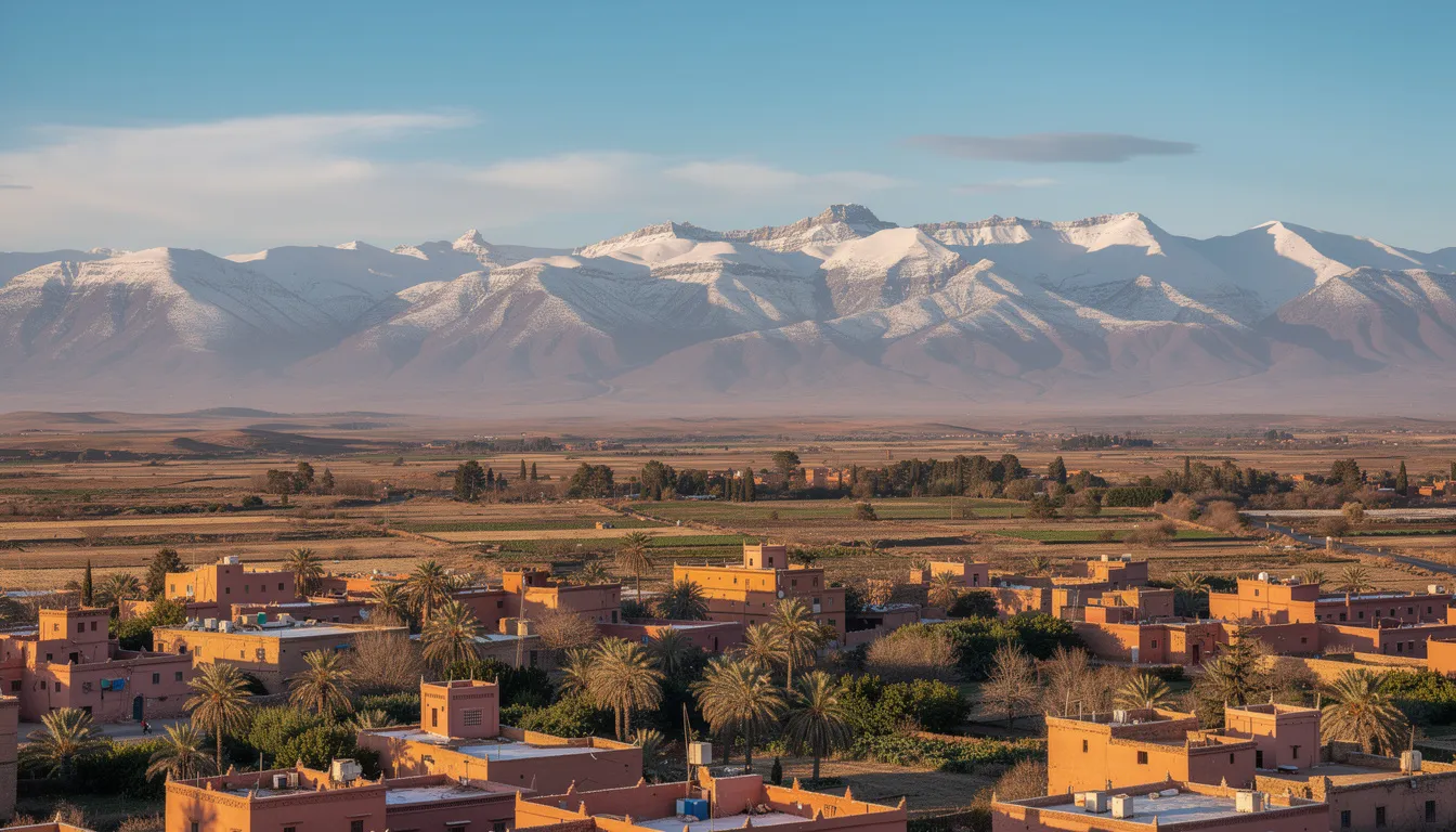 The image captures the stunning Atlas Mountains as seen from Marrakech, showcasing their majestic snow-capped peaks in the distance against a clear blue sky. This breathtaking view highlights the contrast between the vibrant, busy city of Marrakech and the serene natural beauty of the mountains, inviting visitors to explore Morocco's rich landscapes.