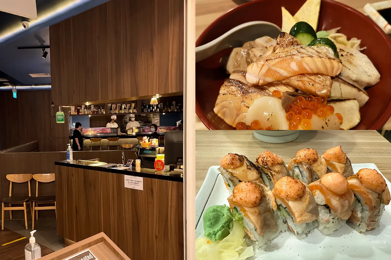 Eye-level wide-angle view. Left: Modern Japanese restaurant interior featuring tall wood-paneled walls, a sushi preparation counter, dining seating, exposed shelving with bottles, and warm accent lighting that creates a refined dining atmosphere. Upper Right: Close-up view of an assorted seafood rice bowl topped with seared salmon, sliced fish, scallops, salmon roe, cucumber, and garnish, emphasizing varied textures, colors, and layered presentation. Lower Right: Close-up view of a sushi roll platter topped with torched salmon slices and creamy sauce, served with wasabi and pickled ginger on a white plate, highlighting charred details and contrasting textures.