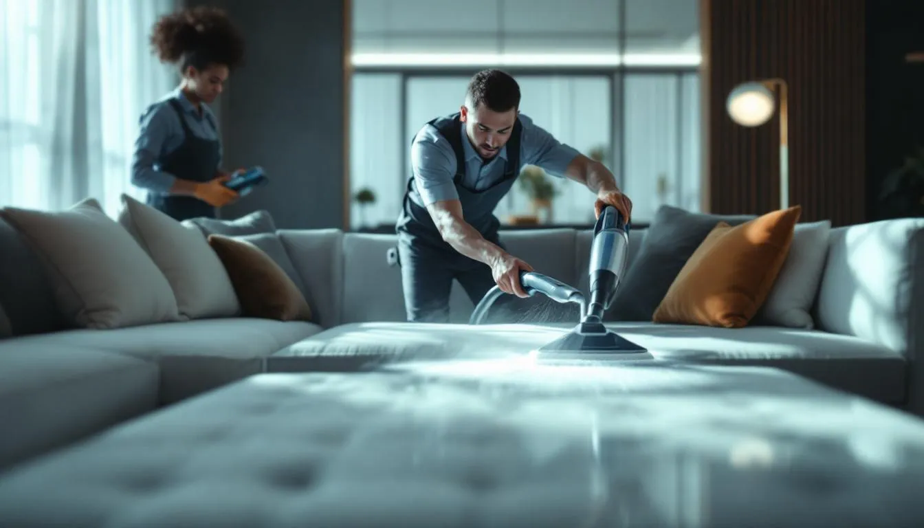 Professional sofa cleaning in action, showcasing trained technicians.