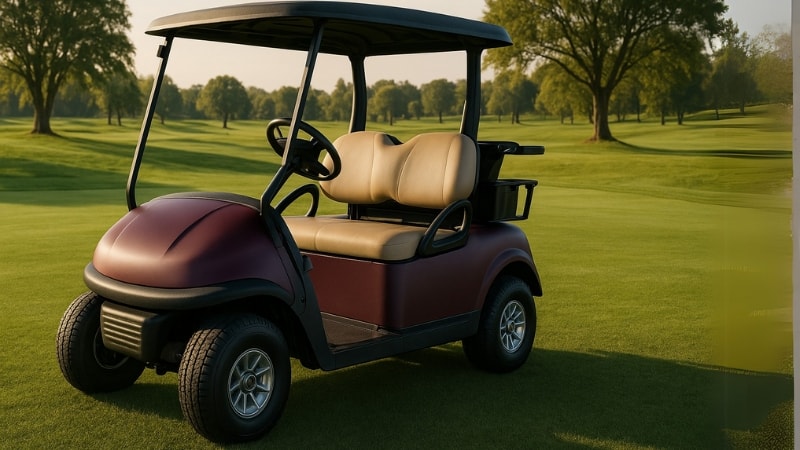 A golf cart wrapped in matte maroon vinyl wrap