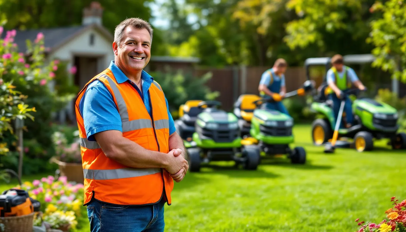The image depicts a happy landscaping business owner overseeing his work crew, who are actively using new lawn care equipment in the background. This scene reflects the success of his landscaping company and the benefits of investing in equipment financing to enhance business operations.