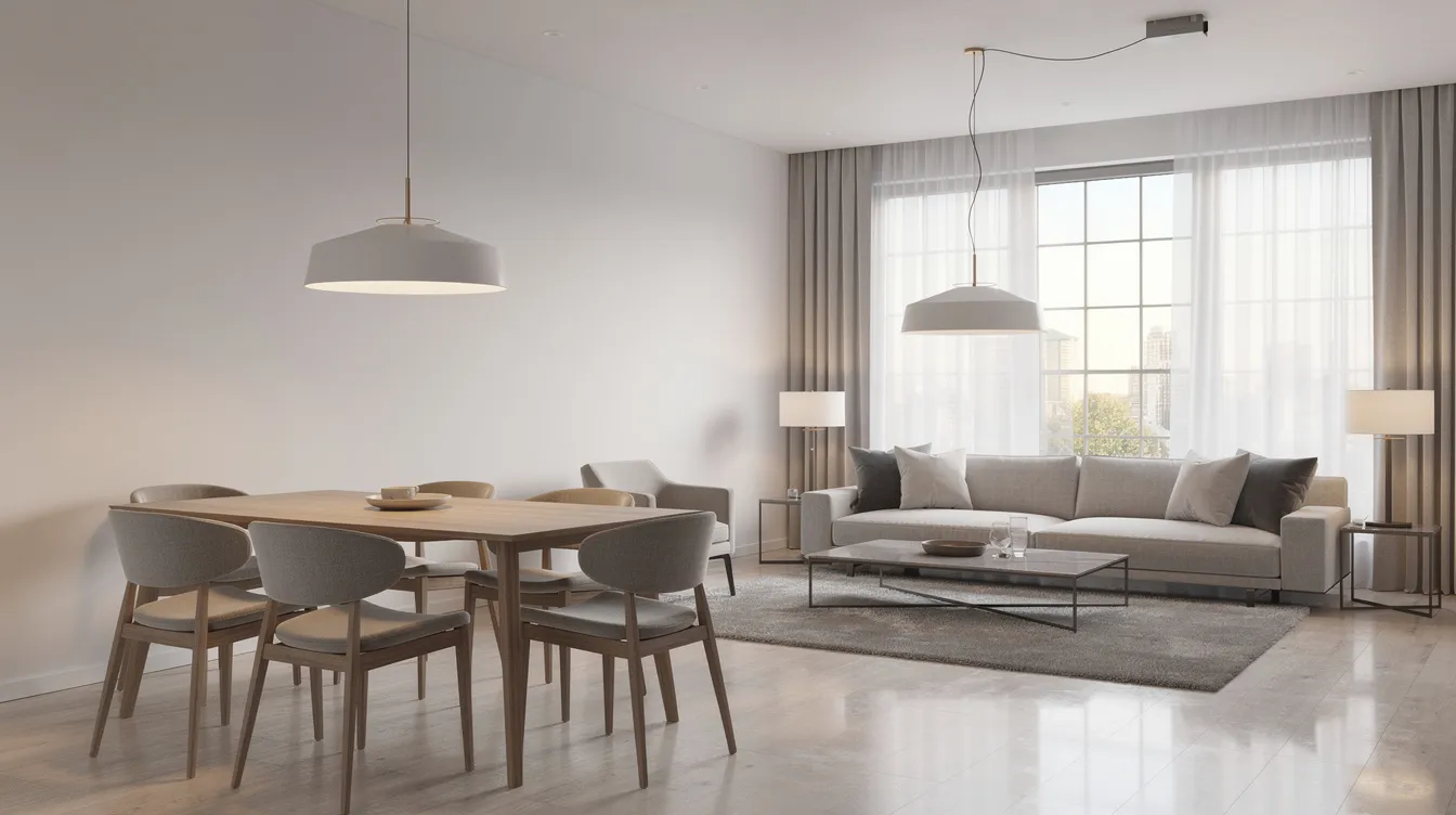 Två eleganta pendellampor hänger i olika höjder över ett matbord i ett öppet vardagsrum, vilket skapar en stilren atmosfär. Lamporna ger riktat ljus och bidrar till rummets inredning med sin moderna design och materialval.