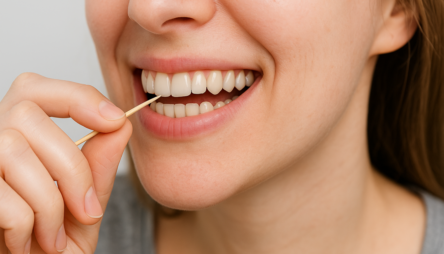Nærbilde av smilende person som bruker tannpirker mellom tennene, med friske tenner og naturlig belysning.