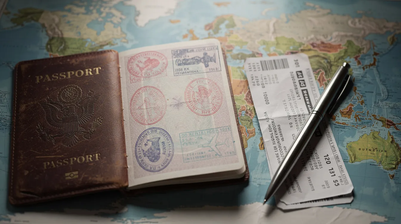The image features a passport adorned with various visa stamps, resting on a world map, accompanied by a pen and travel documents. This scene evokes the journey of visa applicants, highlighting the importance of required documents and the visa application process for working in Spain.