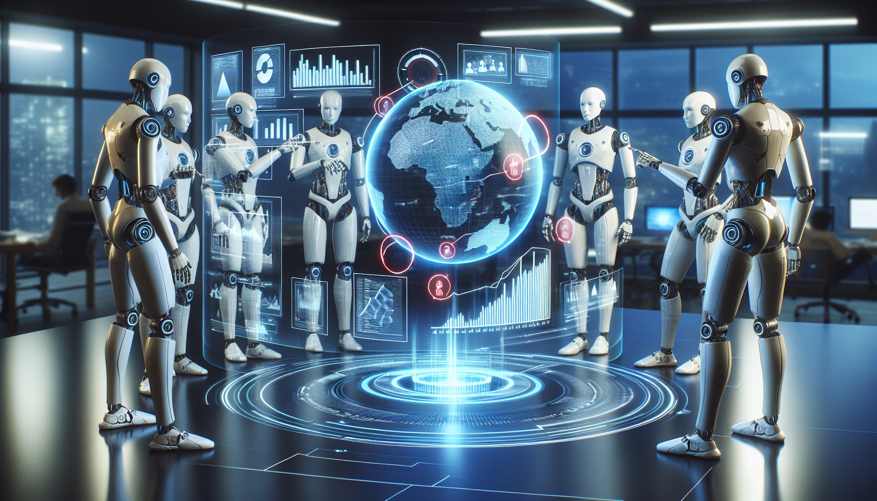Robots analyzing global data and risk indicators for proactive financial risk management.