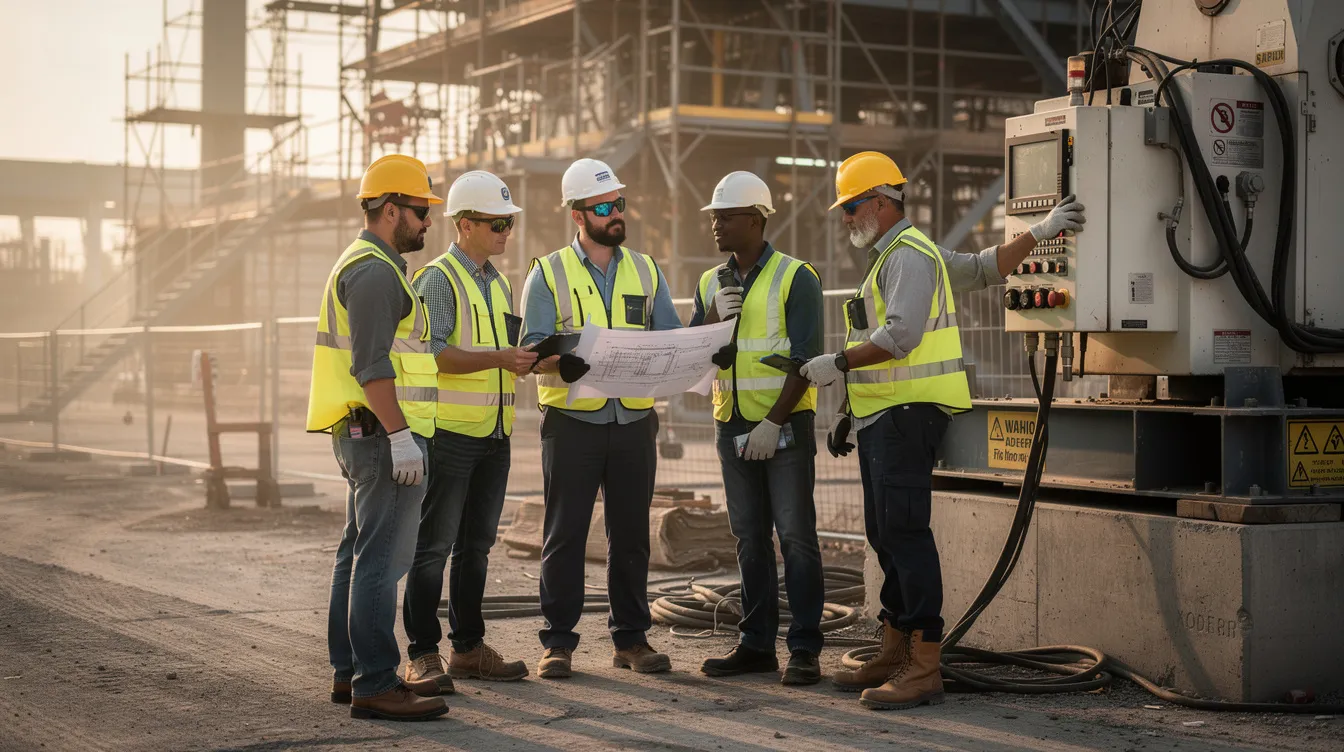Un gruppo di professionisti, indossando elmetti protettivi, sta ispezionando attrezzature in un cantiere industriale. Questa attività è parte di un processo di audit per garantire la conformità alle norme di sicurezza e gestione delle non conformità.