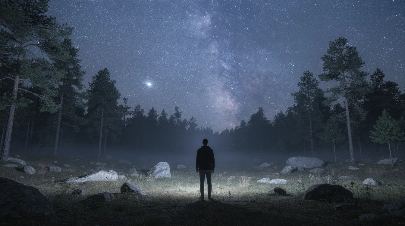 A person stands in a wilderness setting, gazing up at a starry night sky, reflecting on the beauty of creation and the mysteries of faith. The scene evokes feelings of hope and a sense of connection to God's sovereignty and the biblical truth found in scripture.