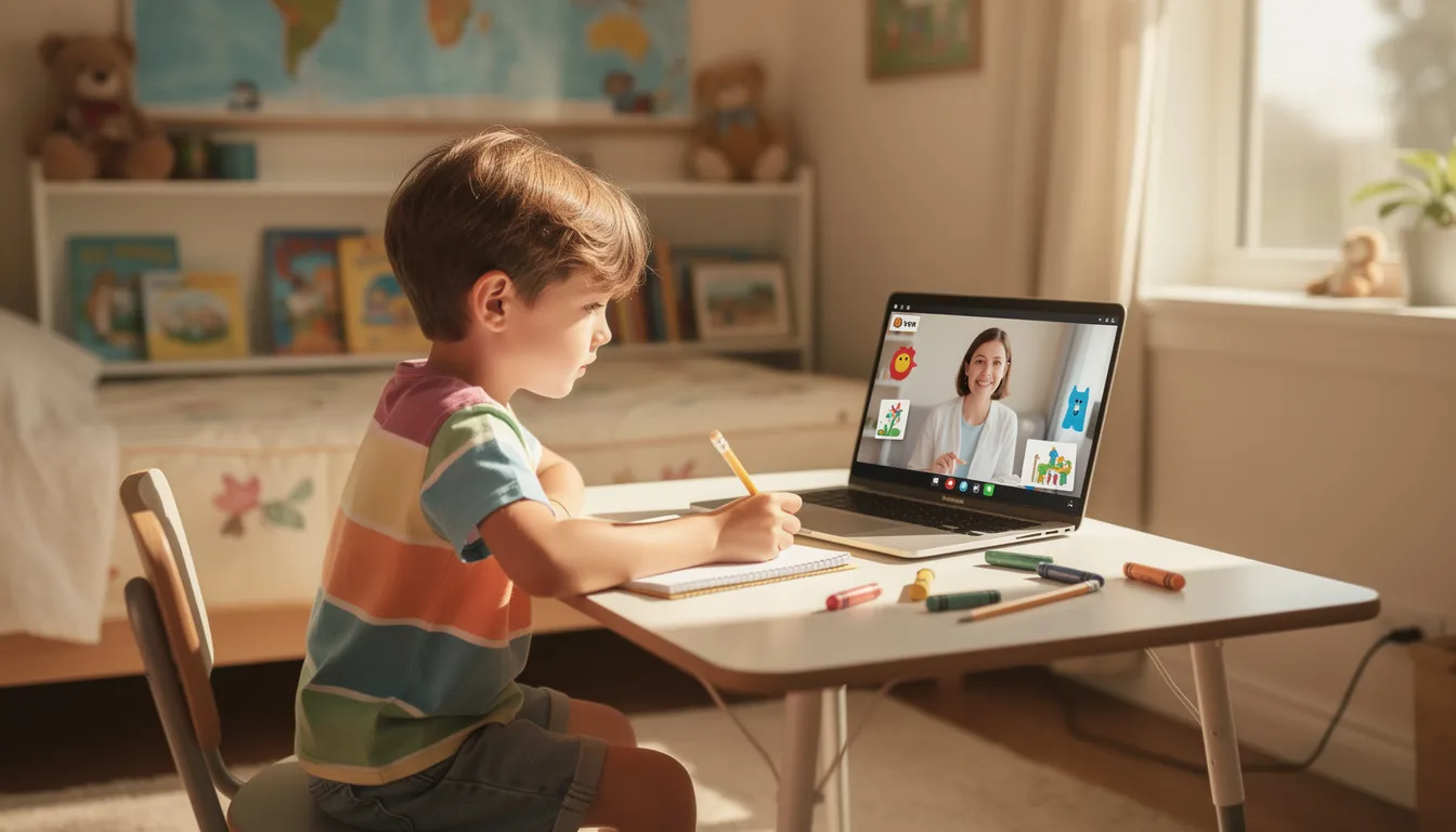 Ein Kind sitzt an einem Schreibtisch und lernt online, während es auf einem Laptop eine virtuelle Klasse besucht. Die Szene zeigt, wie das Kind mit einem Tutor über eine Plattform kommuniziert, die eine breite Palette von Fächern anbietet, um seine Lernziele zu erreichen.