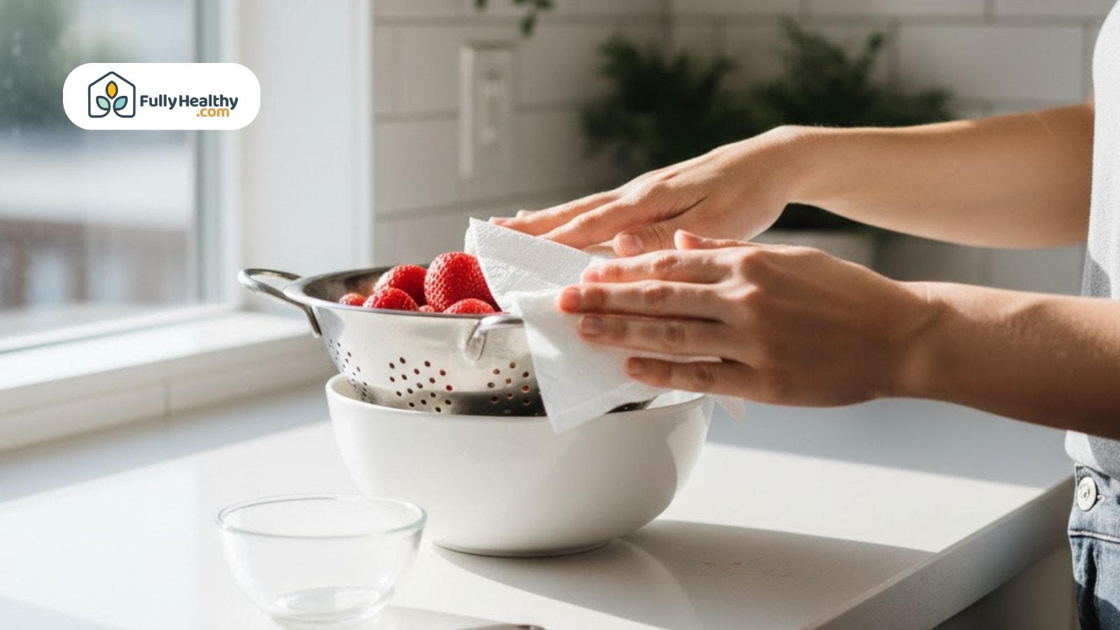 Person drying washed strawberries with paper towel over colander in bright kitchen