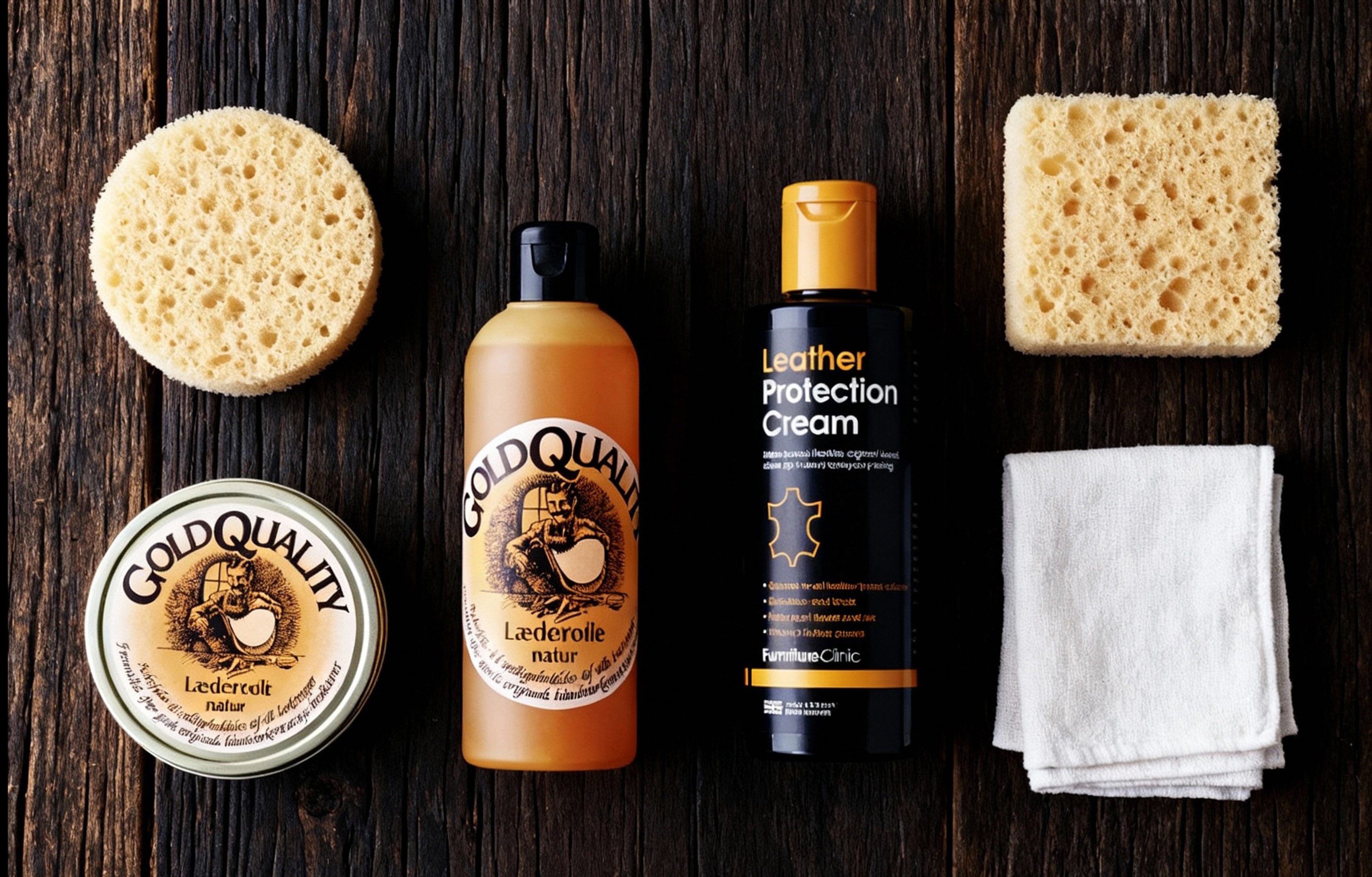 Lädervård - Olika produkter ligger på ett rustikt träbord: Läderbalsam, läderfett, med svampar och en ren trasa