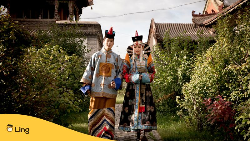 Young Mongolian couple in traditional clothing