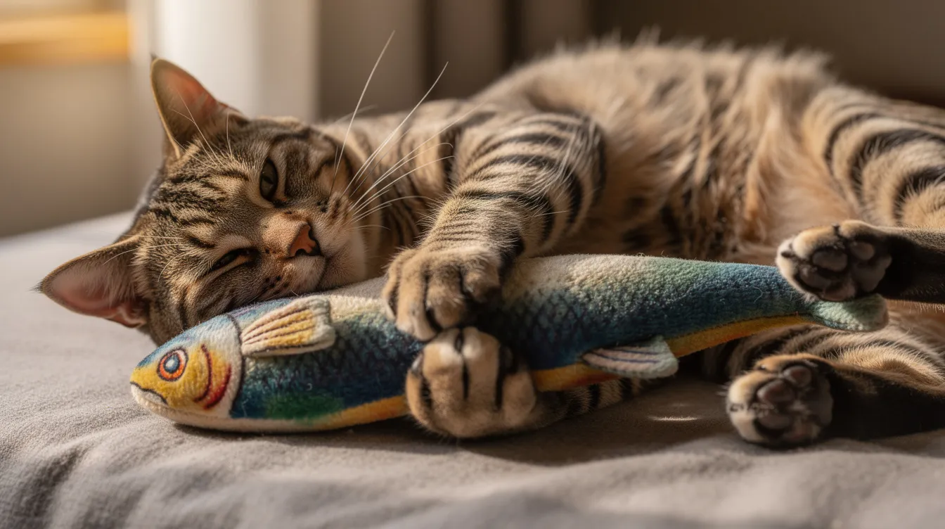 A playful tabby cat lies on its side, gripping a long plush fish toy with its front and back paws, engaging in a classic cat behavior known as bunny kicking. This action showcases the cat's natural instincts and playful nature as it uses its hind legs to kick at the stuffed animal, mimicking a hunting maneuver.