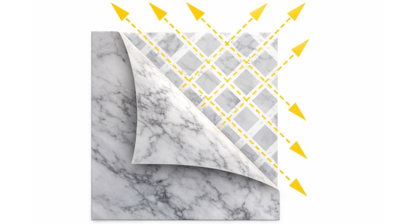 Showcasing air-release channels under a marble vinyl wrap