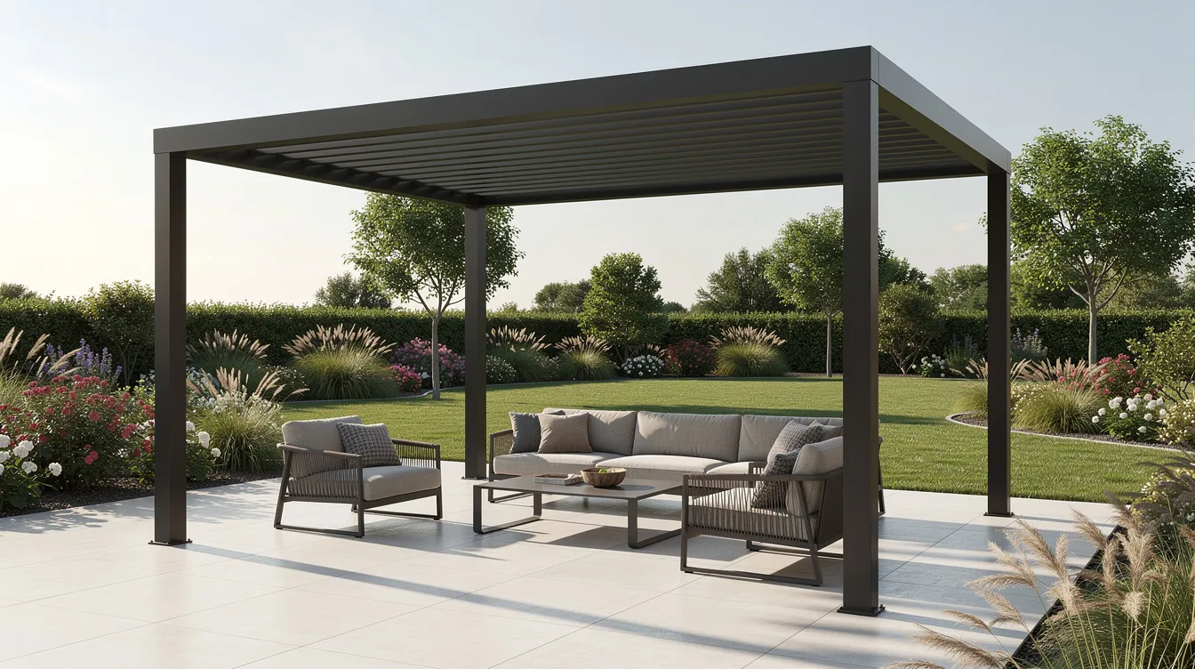 Une pergola moderne en aluminium anthracite est installée sur une terrasse, entourée d'un salon de jardin confortable, offrant une vue imprenable sur un jardin paysager. Cet aménagement extérieur crée un espace détente agréable, idéal pour profiter de la nature et des repas en plein air.