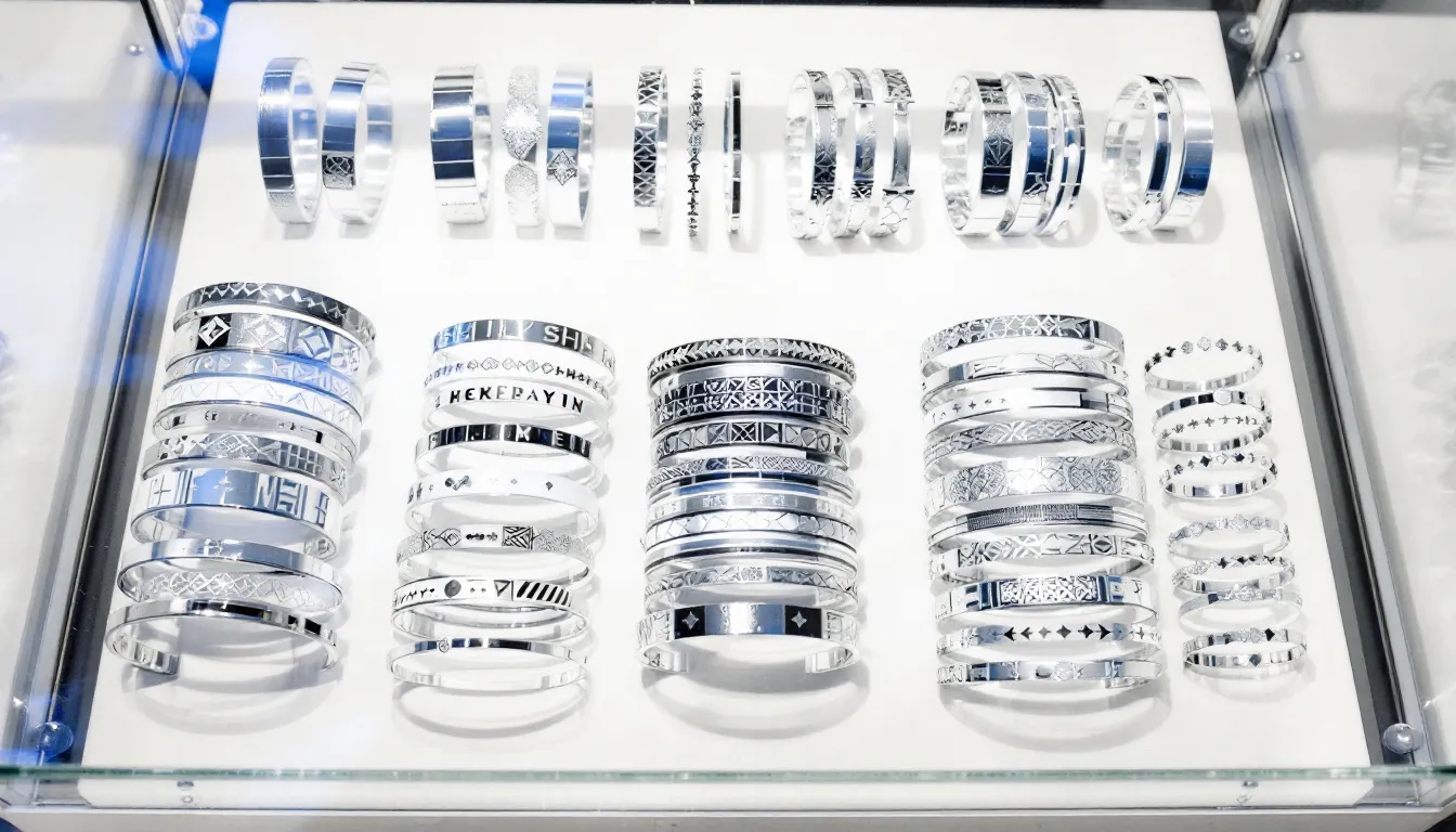 In the image, a collection of elegantly designed sterling silver bangles is displayed, showcasing a variety of styles and sizes perfect for stacking or wearing individually. These handcrafted pieces, ideal for sensitive skin, sparkle beautifully and are a great addition to any jewellery collection, making them a perfect gift for women on any occasion.