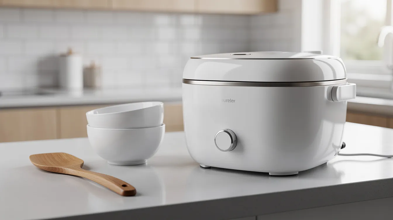 A modern white rice cooker is placed on a clean kitchen countertop, accompanied by a wooden rice paddle and ceramic bowls, ready for preparing fluffy rice or mixed rice dishes. This setup highlights the importance of rice in Japanese cuisine and culture, showcasing tools essential for cooking various types of rice.
