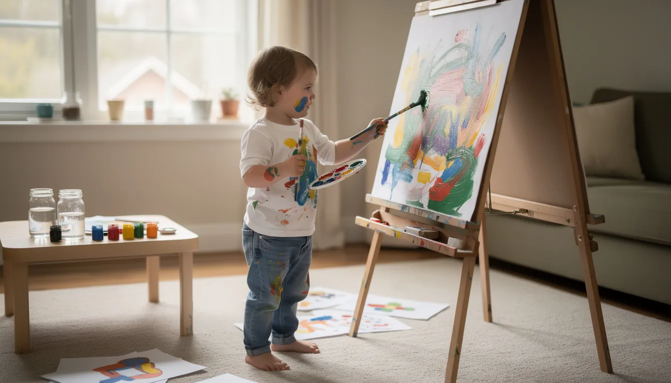 Na obrazku widzimy dziecko malujące farbami przy sztaludze, skupione na swojej pracy plastycznej, co wskazuje na jego chęć uczestniczenia w zajęciach dydaktycznych w przedszkolu. Dziecko wyraża swoje emocje poprzez tw&oacute;rczość, co jest istotnym elementem pracy dydaktyczno wychowawczej.