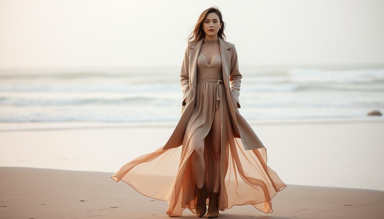 a woman in a flowy dress on the beach, winter wedding outfit for guest, winter wedding outfit beach wedding
