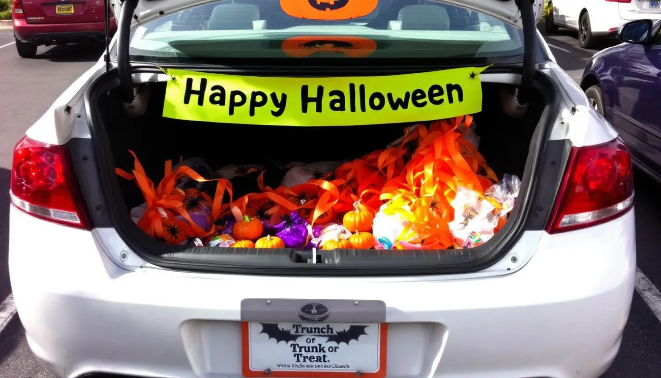 The image depicts a car in park - with its trunk open and halloween decorations inside, you could bring pumpkins, pieces of a spider web or cauldrons to make it spooky