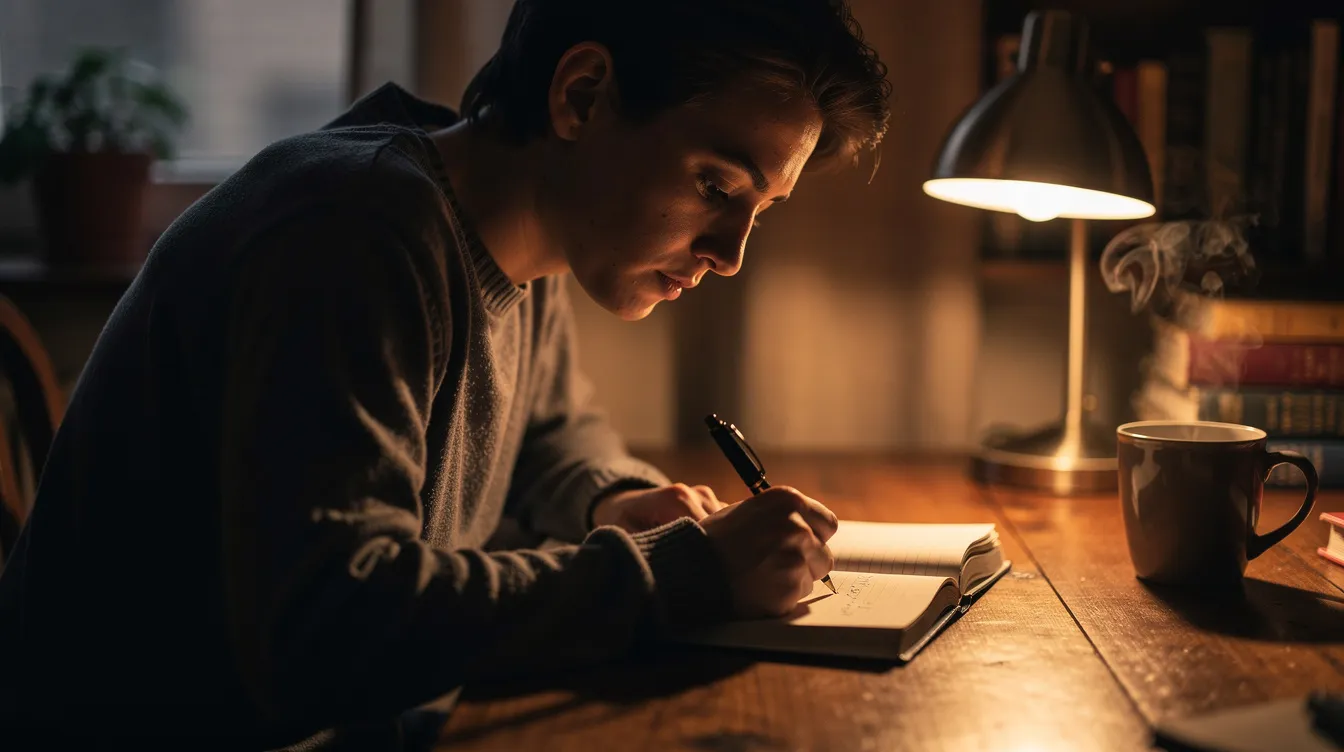 A person sits at a desk, journaling with a thoughtful expression under warm lighting, reflecting on their emotions and past relationships. This moment of self-reflection highlights the importance of emotional availability and cultivating deeper connections in healthier relationships.