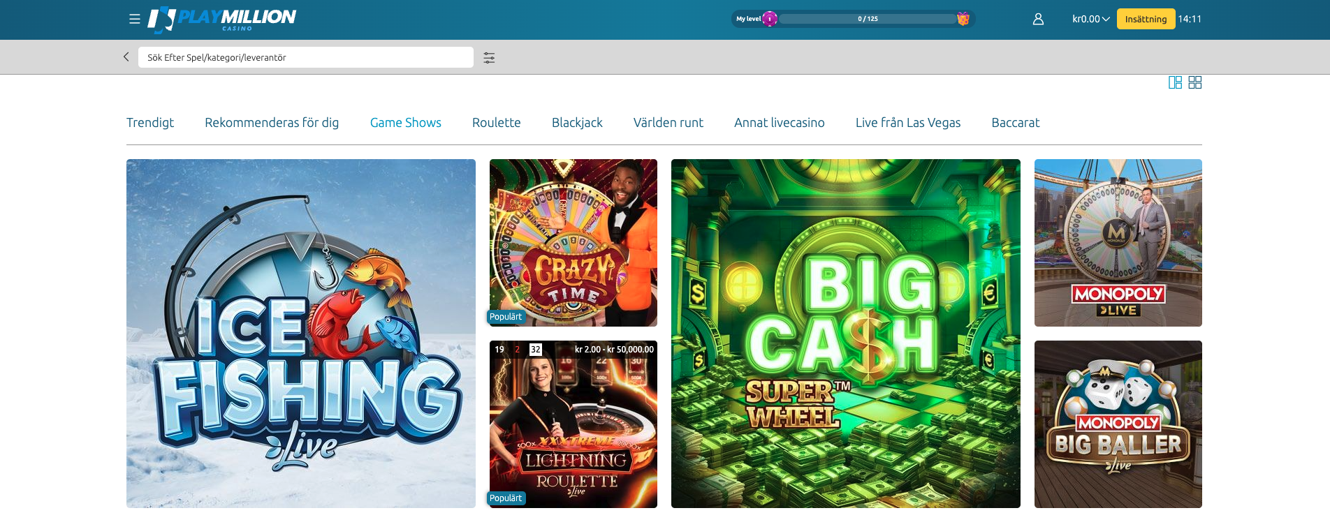 PlayMillion Casino game shows med Crazy Time, Monopoly Live, Monopoly Big Baller, Big Cash Super Wheel och Ice Fishing Live i live casino-avdelningen.