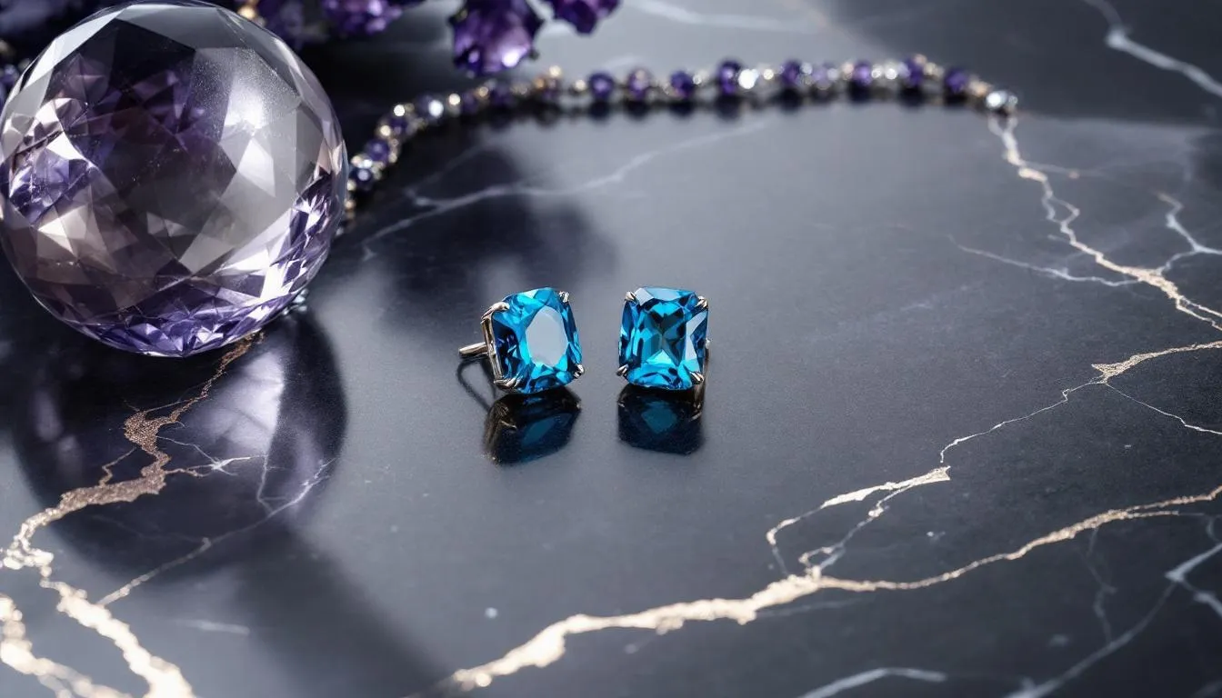 An assortment of December birthstone jewelry, including earrings and necklaces.