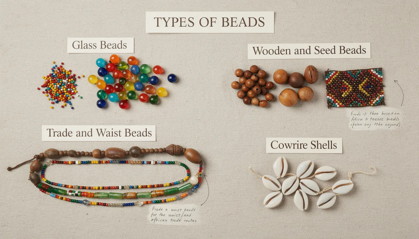 The image showcases a variety of African beads, including colorful glass beads known for their glossy finish, earthy wooden beads, and delicate seed beads, all displayed together to highlight their unique textures and colors. There are also trade beads, historically significant in African commerce, and waist beads, which symbolize femininity and status, reflecting the rich cultural heritage of Africa.
