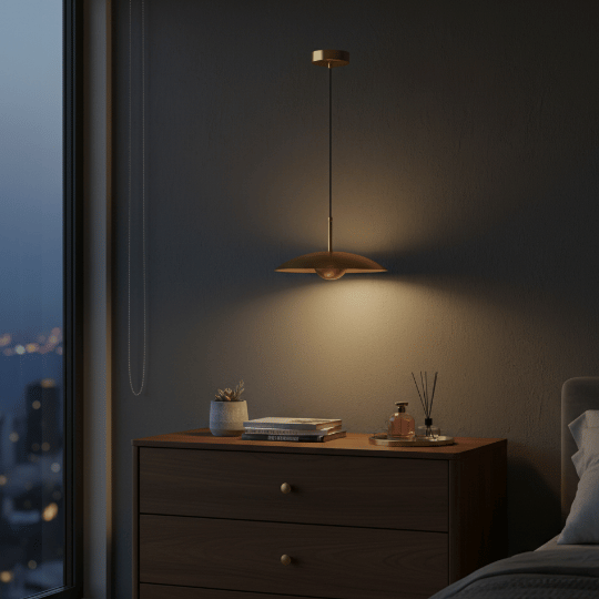 Slim brass disc pendant light above a bedside table in a modern bedroom by 7Pandas Australia.