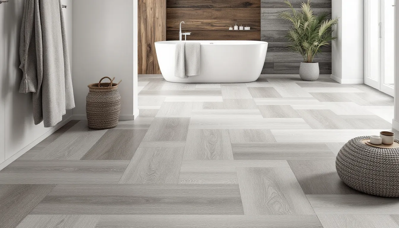 Different types of wood flooring displayed in a bathroom setting.
