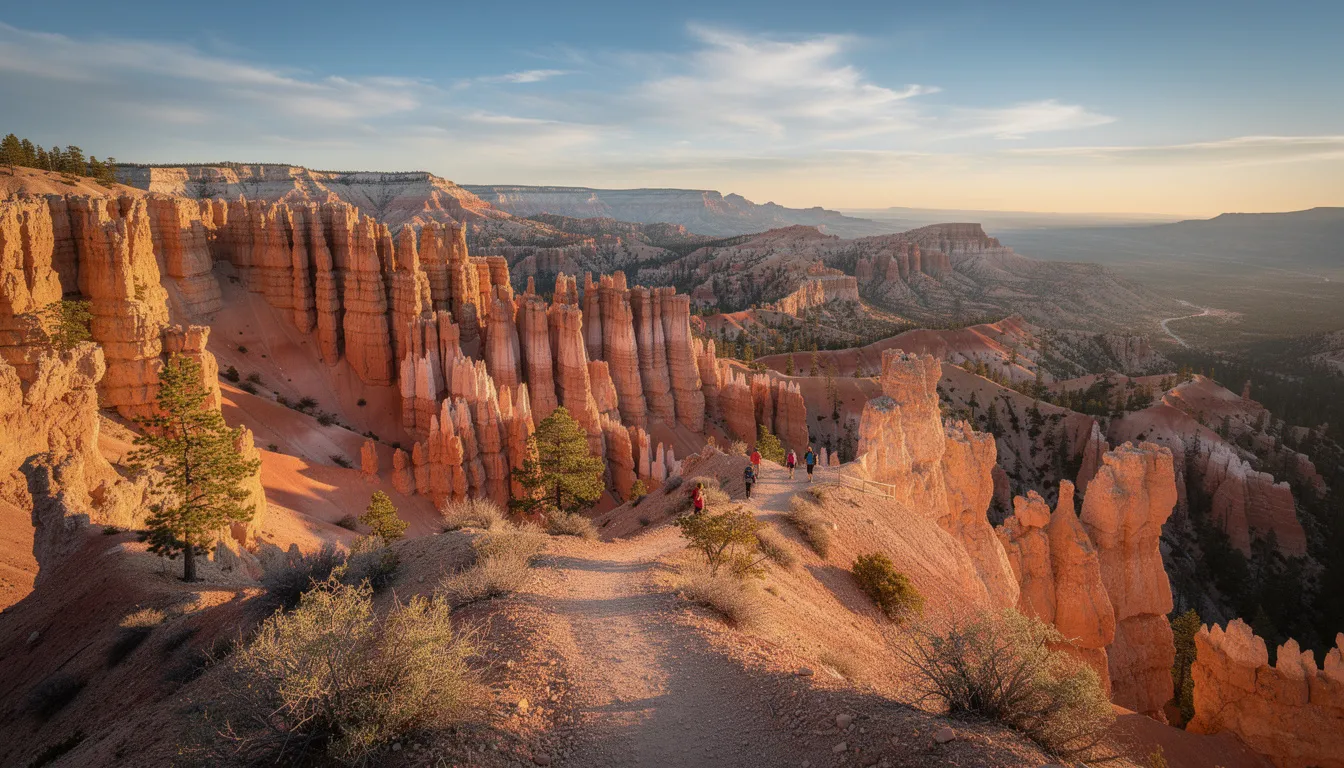 A stunning view of vibrant orange and pink hoodoo rock spires can be seen from a hiking trail in Bryce Canyon National Park, with a few hikers in the distance enjoying the challenging terrain and spectacular views of southern Utah's unique landscape. This scene captures the essence of outdoor adventure and the beauty of the national parks in the region.