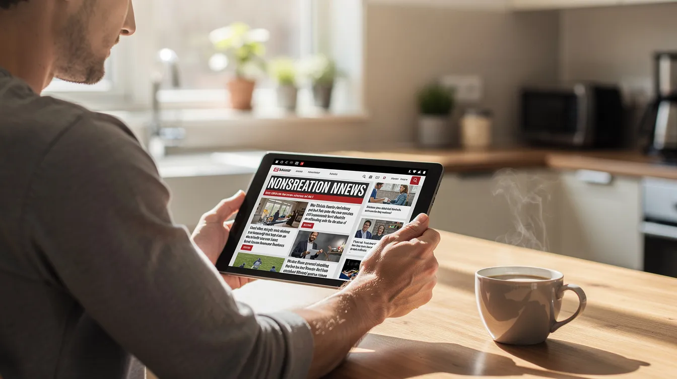 A person is sitting at a kitchen table, reading the news on a tablet while enjoying a cup of coffee. The scene captures a cozy atmosphere, highlighting the importance of staying informed about topics like the legal status of medical cannabis and the Mississippi medical cannabis program.