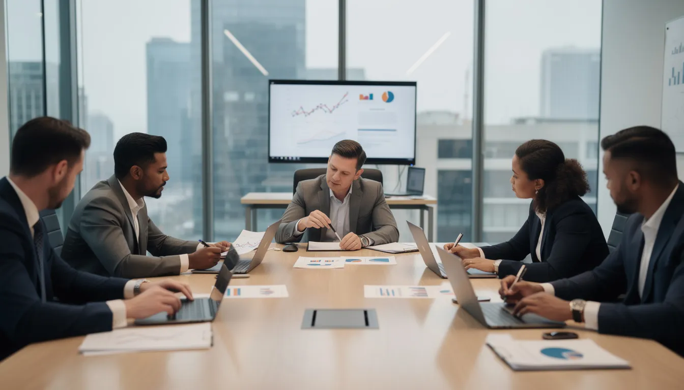 Des professionnels des affaires examinent des documents financiers dans une salle de réunion, discutant des stratégies de gestion et des obligations fiscales liées aux prix de transfert au sein d'un même groupe d'entreprises. L'ambiance est concentrée, reflétant l'importance de la transparence et du contrôle dans les transactions internationales.