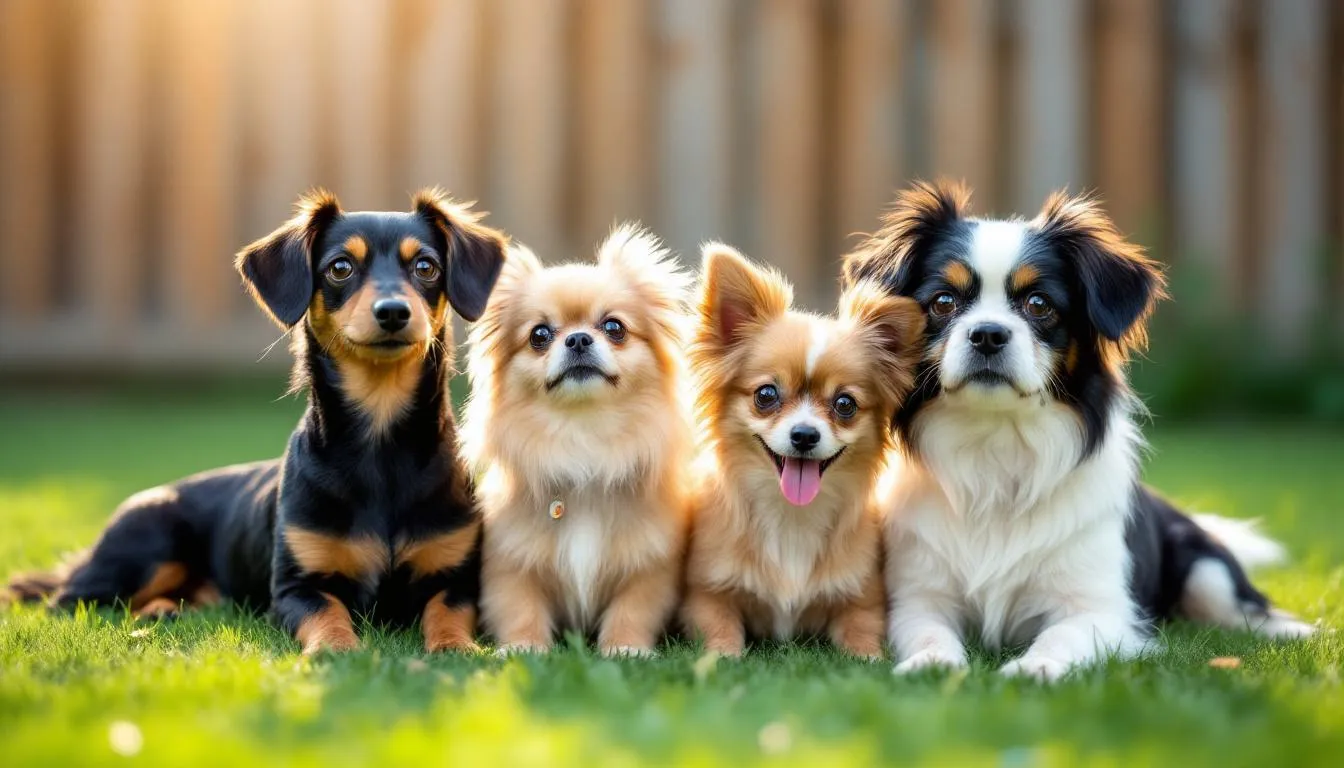 A group of small dog breeds, including a Cavalier King Charles Spaniel, Shih Tzu, and French Bulldog, are sitting together outdoors, showcasing their affectionate nature and friendly demeanor. These small dogs are great companions, well-suited for pet ownership in senior living communities due to their low maintenance and moderate exercise needs.